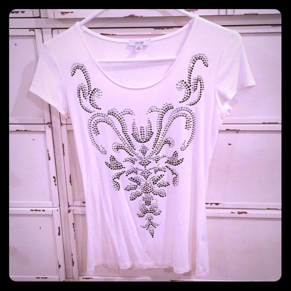 Cache Jeweled White T-Shirt Women’s Size XS